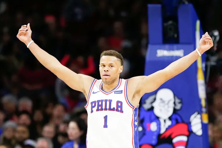 Sixers guard Justin Anderson waves his arms against the Los Angeles Clippers on Saturday, February 10, 2018 in Philadelphia. 