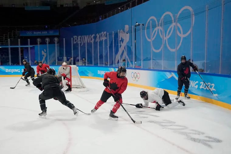 Canada's women's hockey team practicing in Beijing on Sunday.