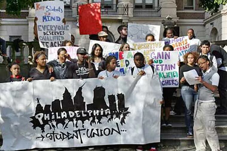 Members of the Philadelphia Student Union protest outside Julia Reynolds Masterman Public School on Thursday. (Barbara L. Johnston/Staff Photographer)