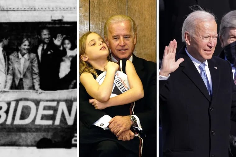 Joe Biden with wife Jill after he joined the 1988 presidential race; Biden holding granddaughter Finnegan in Des Moines, Dec. 13, 2007, before his Iowa Caucus loss pushed him out the race; Biden being sworn in as the 46th U.S. President on Jan. 20, 2021.