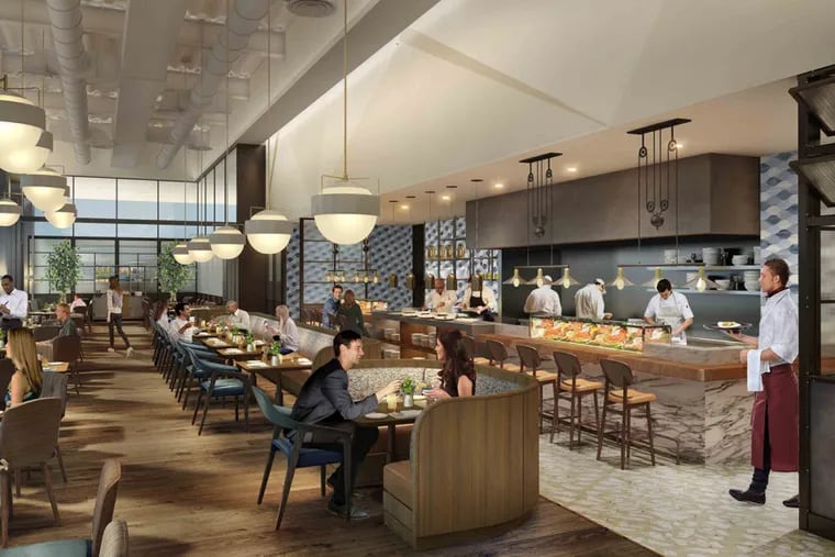 Vernick Fish's dining room, in a rendering. It opens to the public at the Comcast Technology Center, on Arch Street just west of 18th Street, on Aug. 12, 2019.