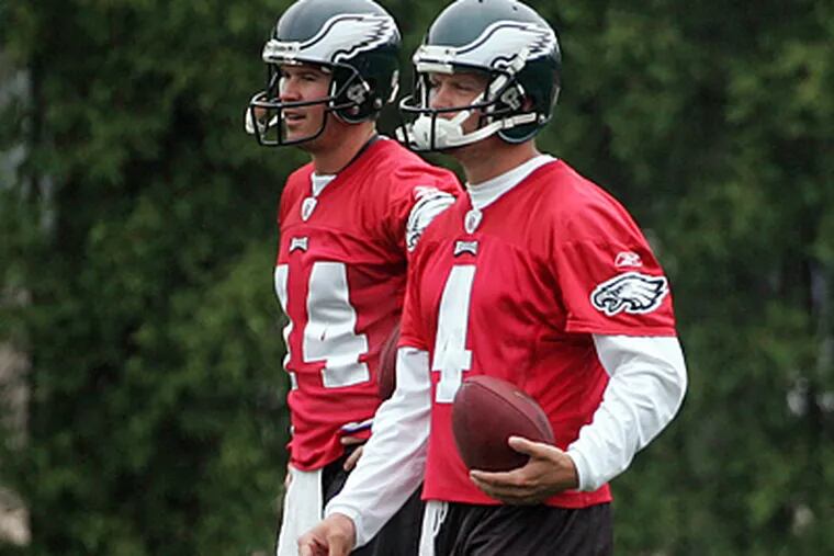Kevin Kolb (right) has apparently passed A.J. Feeley (left) on the Eagles' quarterback depth chart. (Barbara L. Johnston/Inquirer)