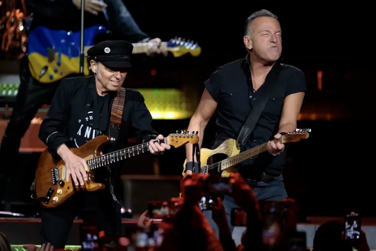 Nils Lofgren and Bruce Springsteen perform onstage during the Bruce Springsteen and The E Street Band 2023 tour stop at the Wells Fargo Center in Phila., Pa. on Thurs., March 16, 2023.
