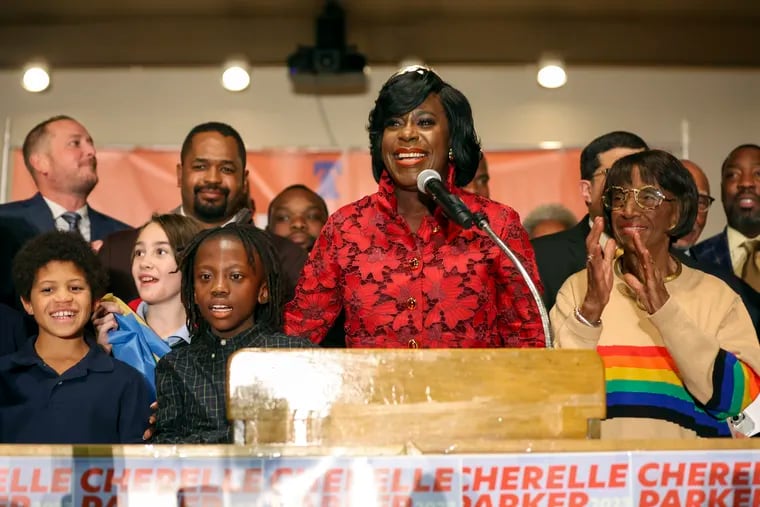 Cherelle Parker (center) speaks during an election night party in Philadelphia on Nov. 7, 2023. Parker is Philadelphia's 100th mayor, the first woman to hold the office.