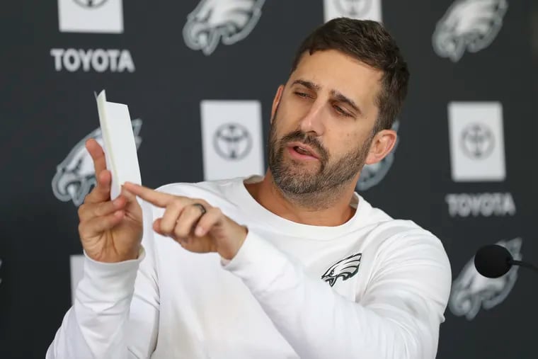 Eagles head coach Nick Sirianni makes a hypothetical example while speaking to reporters on Wednesday.