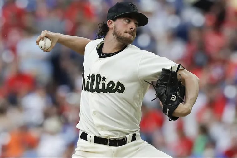 Phillies pitcher Aaron Nola throws the baseball in the third-inning against the Toronto Blue Jays on Saturday, May 26, 2018 in Philadelphia.