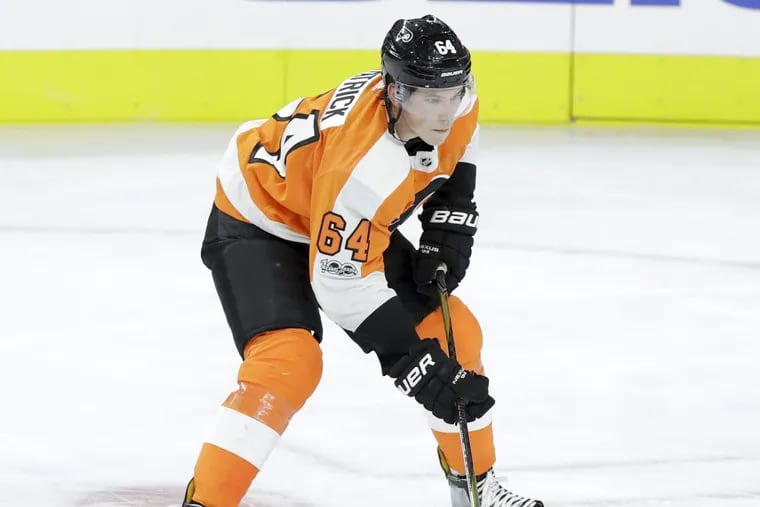 Flyers Nolan Patrick skates with the puck against the New York Islanders in Wednesday’s rookie game.