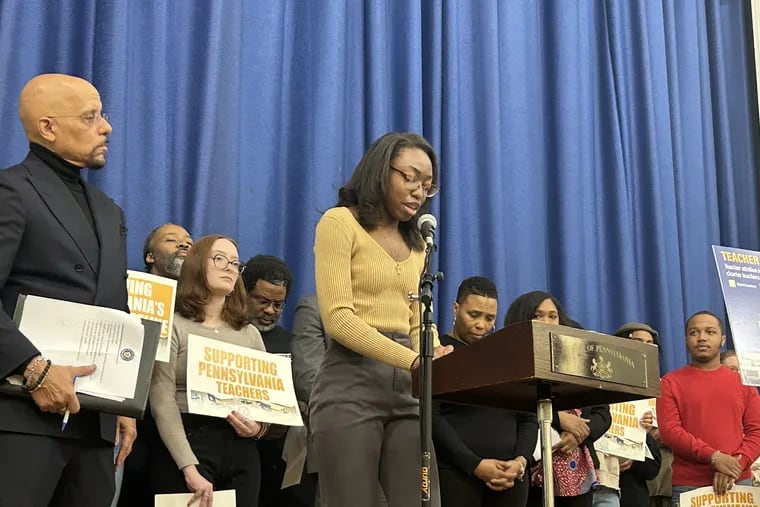 Melody Dorsainvil, a Temple University education student and Philadelphia School District student teacher, speaks Monday at a news conference about growing the teaching profession. Dorsainvil is currently student teaching in a second grade class at Hunter Elementary in North Philadelphia.