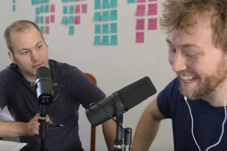 Cory Markum (left), an atheist writer, and Drew Sokol (right), a pastor are co-hosts of Hinge, a podcast recorded in Philadelphia about doubt, identity, and the search for the real Jesus.