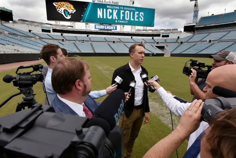 Nick Foles speaks to media in Jacksonville this month.