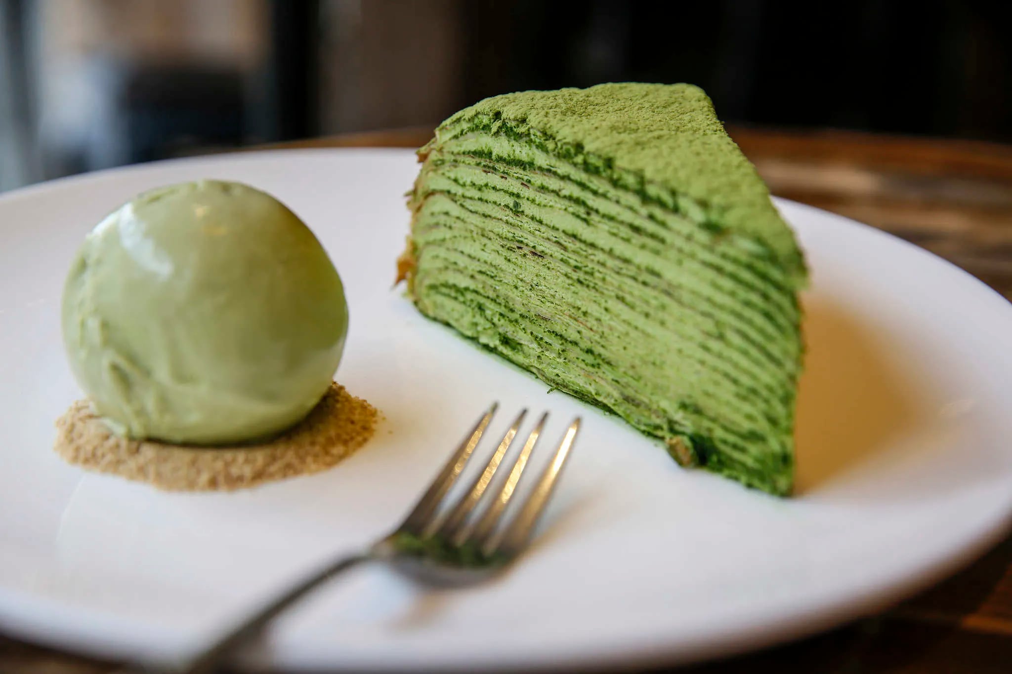The Matcha Mille Crepe with a scoop of green tea ice cream at Anna Chen�s A La Mousse bakery in Chinatown.