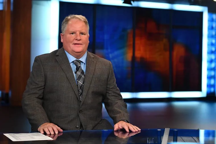 ESPN analyst and former Eagles coach Chip Kelly on the set of “College Football Scoreboard” in Bristol, Conn.
