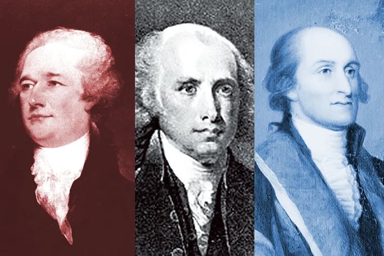 Alexander Hamilton, by John Trumbull; James Madison, by Gilbert Stuart; and John Jay, by Gilbert Stuart.