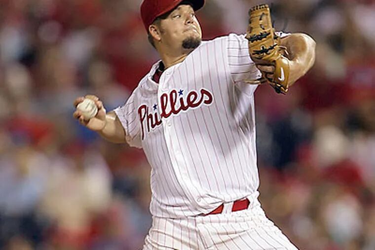 Joe Blanton pitched into the seventh inning of last night's 8-7 victory over the Florida Marlins. (Yong Kim/Staff Photographer)