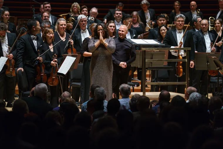 Composer Valerie Coleman with conductor Yannick Nezet-Seguin after the premiere performance of her "Umoja, Anthem for Unity" by the Philadelphia Orchestra