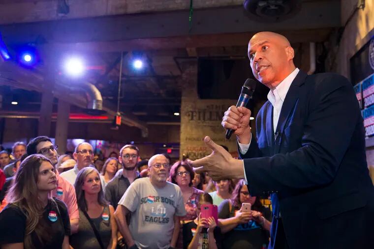 US Senator and Presidential candidate Cory Booker of New Jersey speaks at a rally at The Filmore in Philadelphia on Aug. 7, 2019.