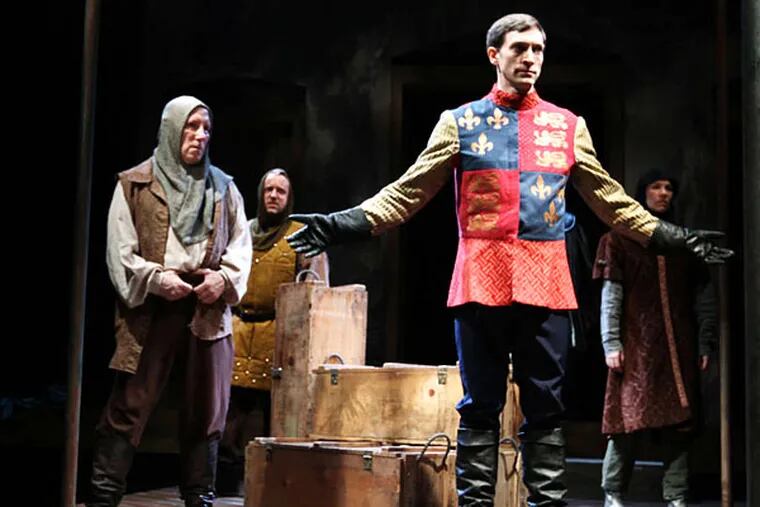 Mal Whyte as Fluellen (left), David Bardeen as Gower, Ben Dibble as Henry, and K.O. DelMarcelle as Gloucester in Lantern Theater Company's "Henry V."