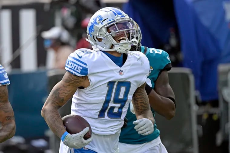 In this Oct. 18, 2020, file photo, Detroit Lions wide receiver Kenny Golladay celebrates a reception during the second half against the Jacksonville Jaguars.
