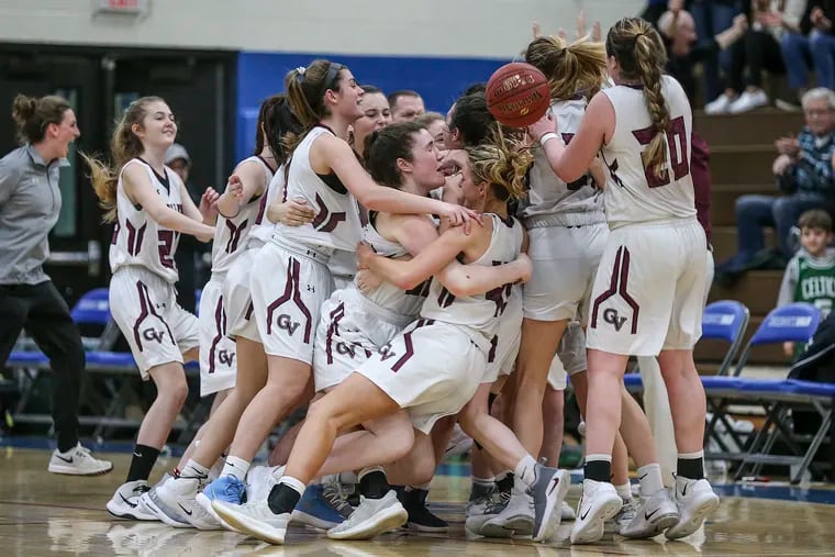 Garnet Valley celebrates beating Council Rock North 47-45 to advance to the PIAA Class 6A sewmi-finals state playoffs. Norristown, Pa., Friday, March 15, 2019.
