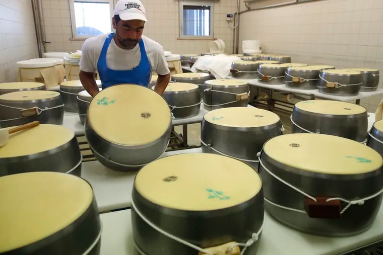 In this photo taken Tuesday, Oct. 8, 2019, Parmigiano Reggiano Parmesan cheese wheels are created in Noceto, near Parma, Italy. U.S. consumers were snapping up Italian Parmesan cheese ahead of an increase in tariffs to take effect Feb. 18, but now a leading Italian official says the U.S. tariffs have been called off.