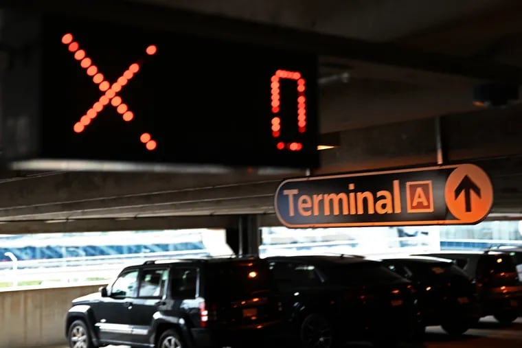 A sign in the PPA city parking garage at Philadelphia International Airport show zero spaces are available on the level July 18, 2021. PreFlight, an off-site large long-term private parking lot is closing for good, and the city's economy lot also remains closed. Travelers are not pleased.