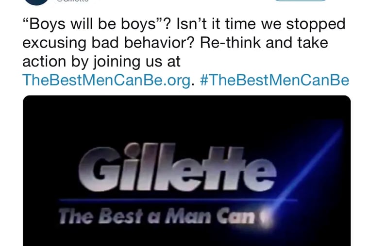 This image from Gillette's Twitter account shows a Gillette advertisement. The ad for men invoking the #MeToo movement is sparking online backlash, with some saying it talks down to men and calling for a boycott. Gillette says it doesn’t mind sparking a discussion, and since it debuted Monday, Jan. 14, 2019, the online-only ad has garnered millions of views on YouTube, a level of buzz and chatter that any brand would covet. (Gillette via AP)