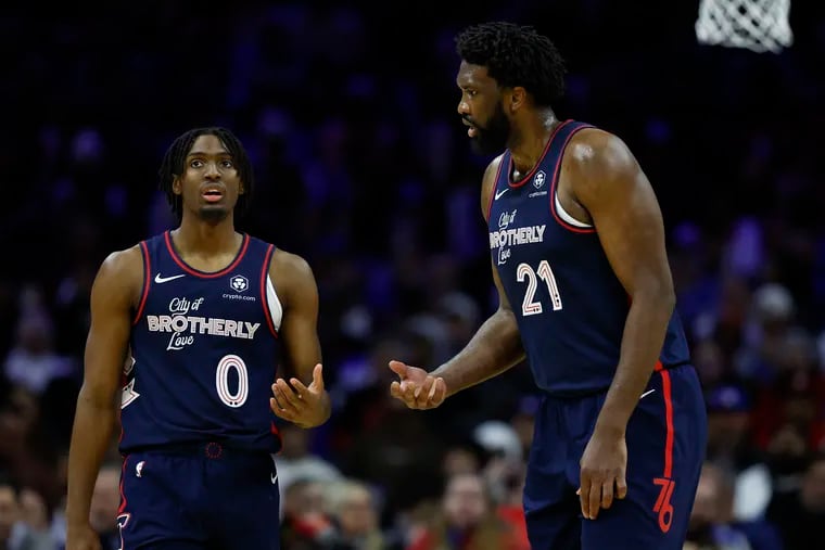 Sixers guard Tyrese Maxey (left) and center Joel Embiid  during the game against the San Antonio Spurs on Jan. 22.