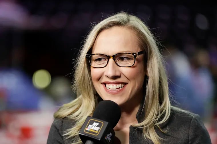 New Sixers play-by-play announcer on NBC Sports Philadelphia, Kate Scott, before the Sixers played the Toronto Raptors in a preseason game.