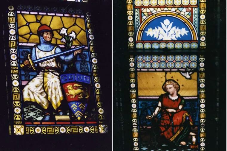 Details from two stained-glass windows stolen in a Dec. 2 burglary of Disston House on N. 16th Street.