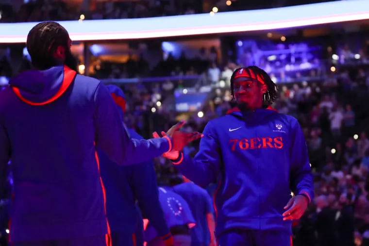 Sixers guard Tyrese Maxey is introduced before a game against the Boston Celtics at the Wells Fargo Center in Philadelphia on Tuesday, April 4, 2023.
