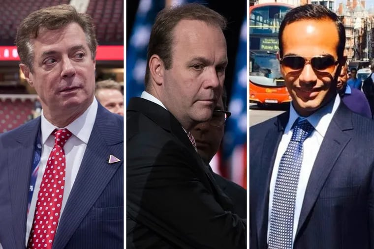 On Monday, former Trump campaign Paul Manafort (left) and Rick Gates, a Trump aide associated with Manafort, were charged with 12 counts of conspiracy and tax evasion. Former Trump advisor George Papadopoulos (right) pleaded guilty to lying to the FBI about his connections within Russia.