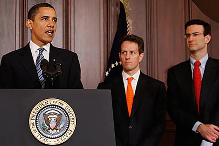 President Barack Obama speaks about his fiscal 2010 federal budget, Thursday, Feb, 26, 2009, in the Eisenhower Executive Office Building on the White House campus in Washington. He is joined by Budget Director Peter Orszag, right, and Treasury Secretary Tim Geithner. (AP Photo/Charles Dharapak)