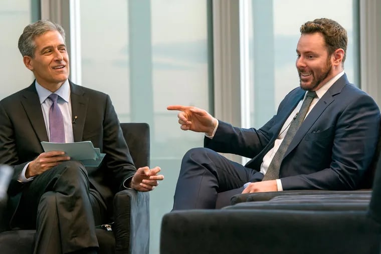 Billionaire tech guru Sean Parker (right) is interviewed by ABC News Chief Health and Medical Editor Richard Besser during a question-and-answer session Oct. 25, 2016, at the University of Pennsylvania.