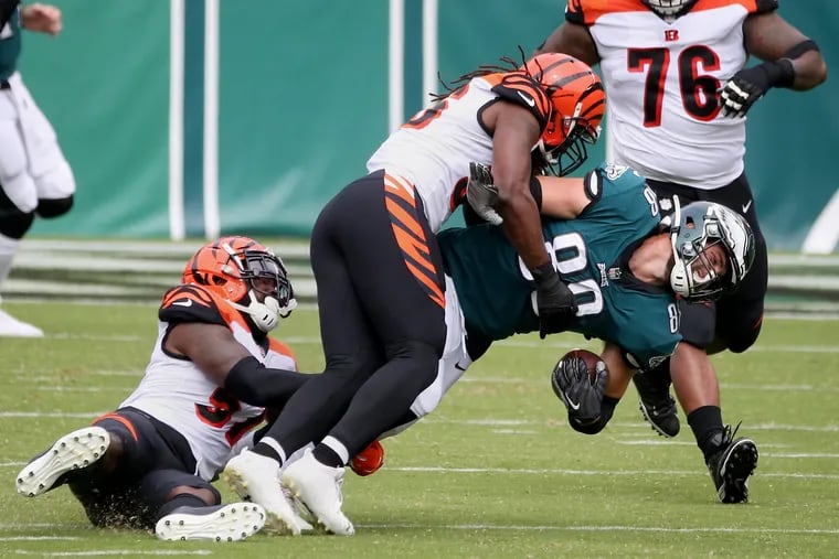 Eagles tight end Dallas Goedert suffered an ankle injury on this catch against the Bengals in the first quarter Sunday. He missed the rest of the game.