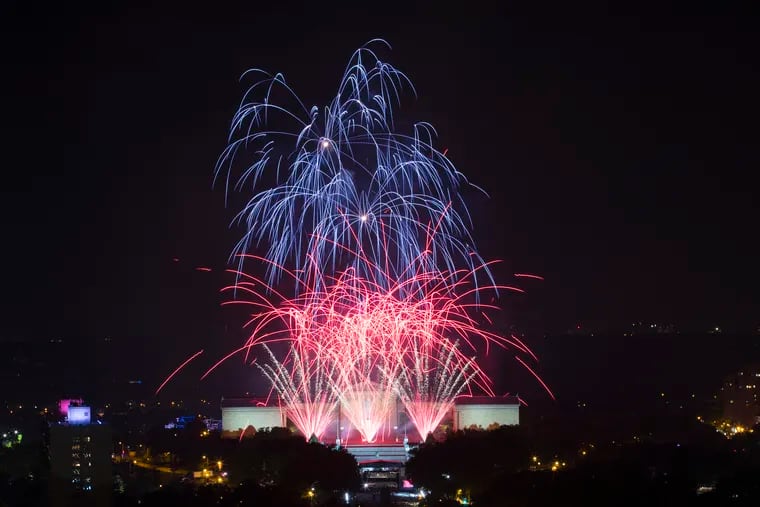 Fireworks lighting up the sky over the Philadelphia Art Museum on July 4, 2019.