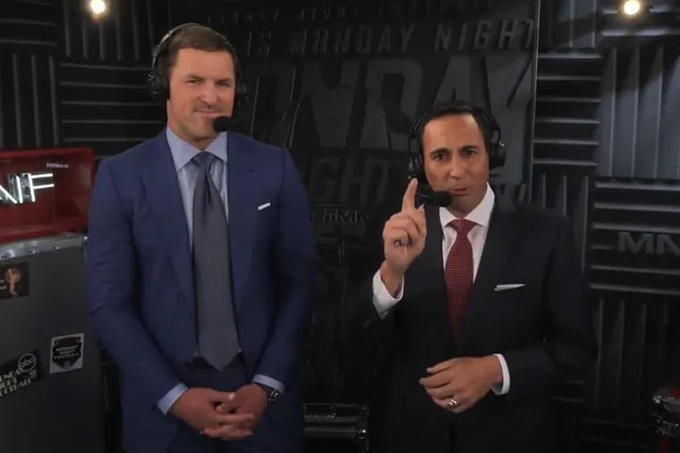 New "Monday Night Football" announcers Jason Witten (left) and Joe Tessitore last night during the Week 1 matchup between the Oakland Raiders and Los Angeles Rams.
