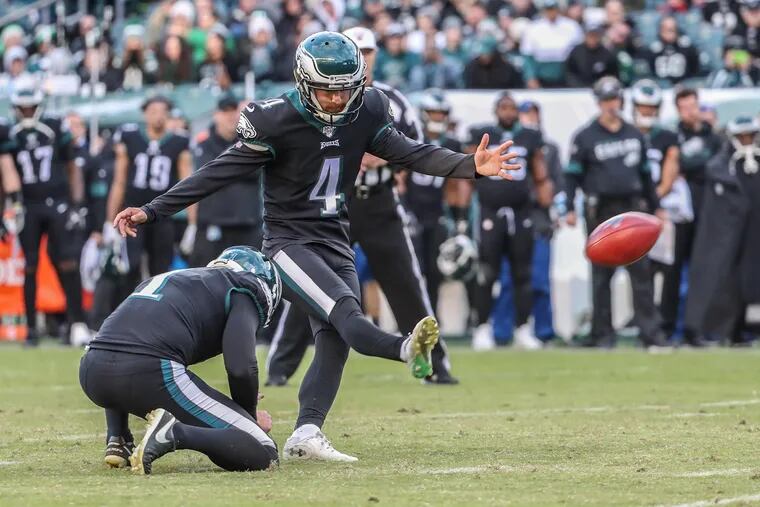 Eagle kicker Jake Elliott kicking a field goal in the win over the Chicago Bears earlier this month.