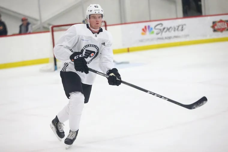 Defenseman Cam York, the Flyers' top draft pick in 2019, skates during development camp at the Skate Zone in Voorhees last year. He has a chance to make the United States' World Junior team.