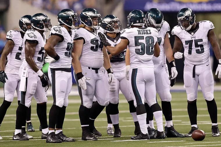 Eagles linebacker Jordan Hicks calls the defensive play against the Indianapolis Colts in a preseason game.