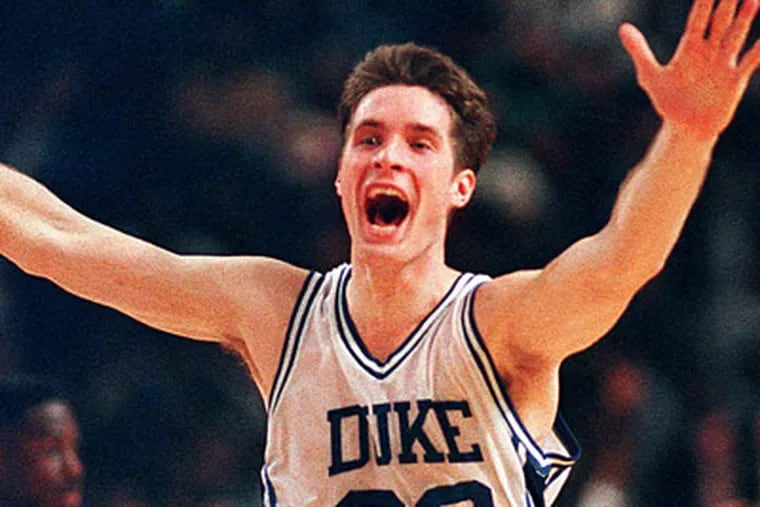 Duke's Christian Laettner after one of the most memorable finishes in NCAA history on March 28, 1992, vs. Kentucky at the Spectrum. (AP File Photo)
