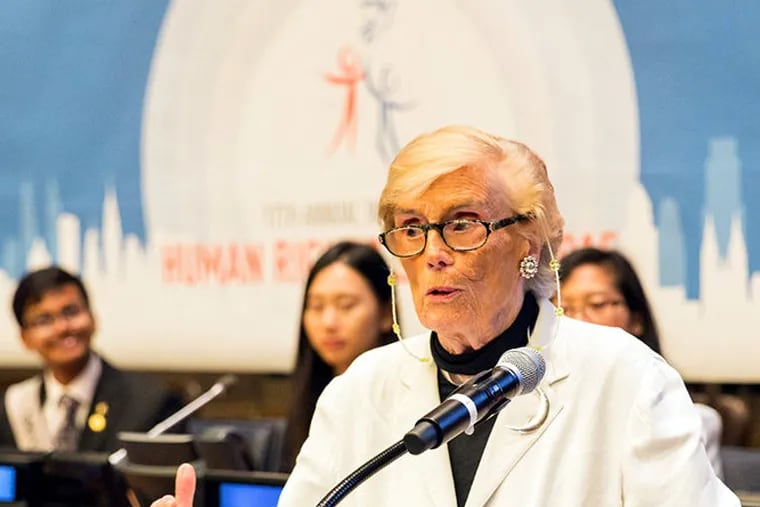 Ella King Russell Torrey speaking to the U.S. Mission to the United Nations in August 2015. The photo was taken after she was given the U.N. Human Rights Hero Award for 50 years of service in human rights.