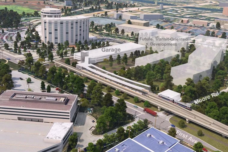 An artist's rendering of First and Moore Station, the western terminus of SEPTA's proposed King of Prussia rail extension. It would be close to the Valley Forge Casino and Resort and its convention center.