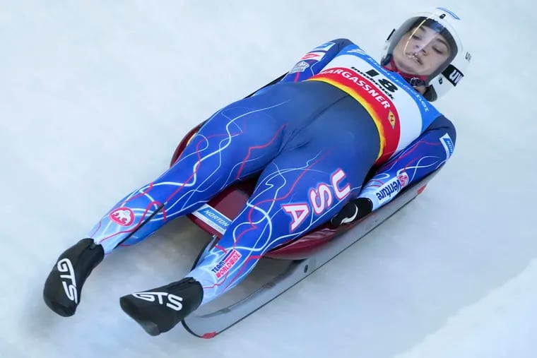 Summer Britcher speeds down the track during the women's race at the Luge World Cup in Igls near Innsbruck, Austria, in December.