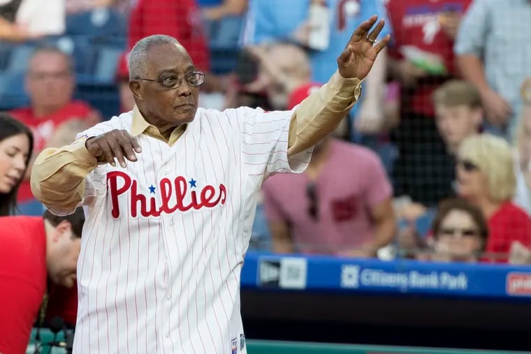 Phillies great Tony Taylor waves to the crowd as he is introduced as a member of the the Phillies Wall of Fame, during the ceremony on Sat. Aug. 3, 2019 before the game against the White Sox at Citizens Bank Park.