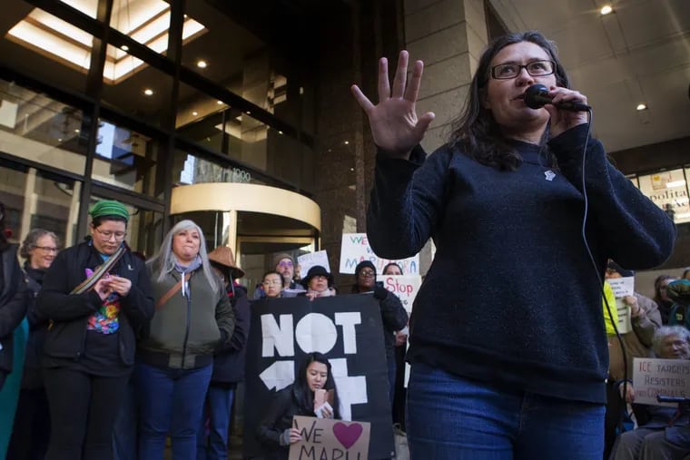 Maru Mora Villalpando, a well-known immigrant activist, herself an undocumented person who has been put in deportation proceedings, speaks to a crowd during a press conference on Tuesday, January 16, 2018 in front of the ICE office in downtown Seattle, Wash.