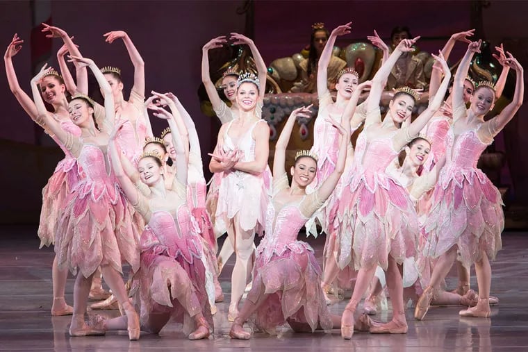 Principal dancer Lauren Fadeley (center), as "Dewdrop," with other Pennsylvania Ballet dancers, is among the standouts in "George Balanchine's The Nutcracker" at the Academy of Music.