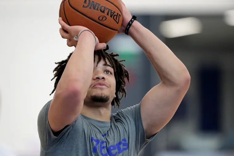 Purdues’ Carsen Edwards takes free throws during the Sixers' pre-draft workouts Wednesday at their practice facility in Camden.