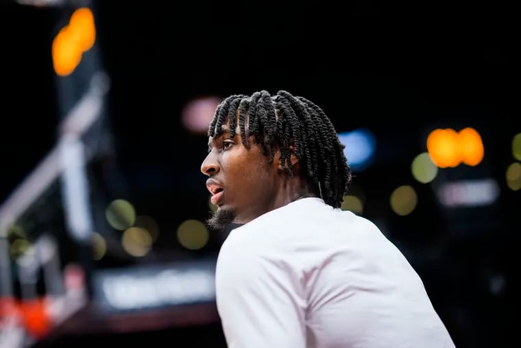 Tyrese Maxey looks on ahead of playing the Toronto Raptors on Oct. 26.