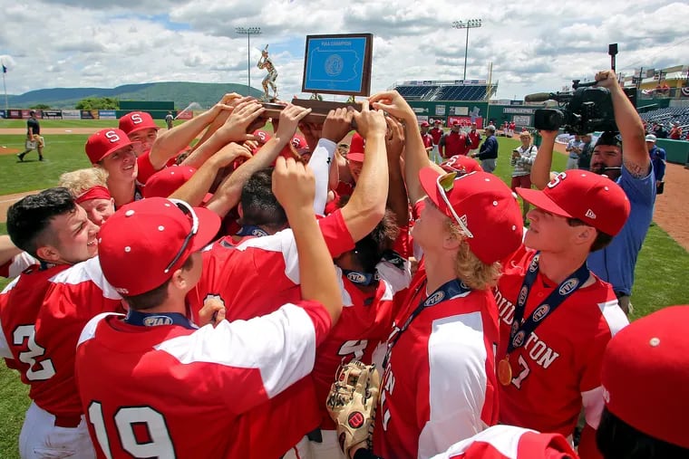 The PIAA still hopes to have scenes like this one this spring. The Souderton baseball team celebrates a 6-3, come from behind win over Central Bucks South in the PIAA Class 6A baseball championship at Penn State.