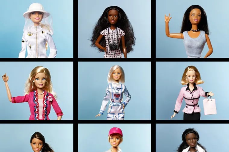 Top row, from left: Beekeeper Barbie, Pet Photographer Barbie, and Sign Language Barbie. Middle row, from left: President Barbie, Astronaut Barbie, and Avon Representative Barbie. Bottom row, from left: Chef Barbie, Baseball Player Barbie, and Doctor Barbie.
